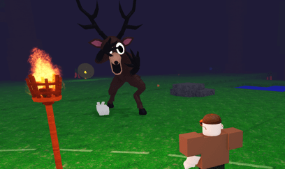 The Deer getting stunned by the campfire in 99 Nights in the Forest