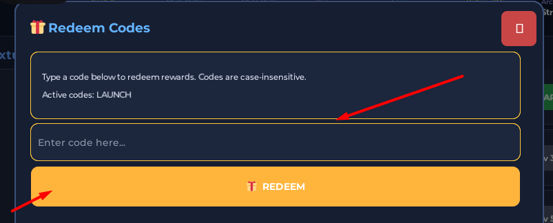 The Enter code here... and REDEEM button in Soccer Legend Incremental