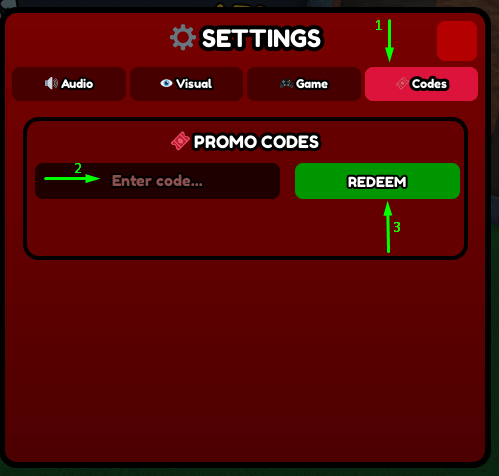 The claim codes tab, enter code field and redeem code button in Itadori Jumping Simulator