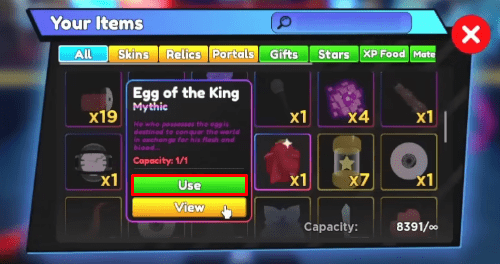 Anime Adventures Egg of the King use button
