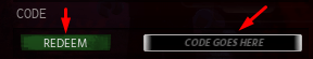 The "CODE GOES HERE" box and REDEEM button in Bite By Night
