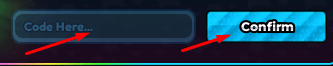 Code Here box and Confirm button to redeem codes in Anime Heroes