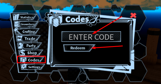 The Codes button and section in Anime Spirits