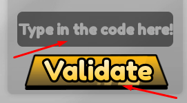 Type in the code here! box and Validate button to redeem codes in Soccer Champion Simulator