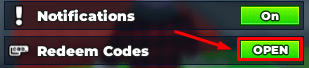 The "Redeem Codes" section and OPEN button in Break Pinata for Brainrots