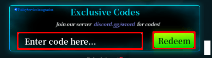 Sword League enter codes box and redeem button