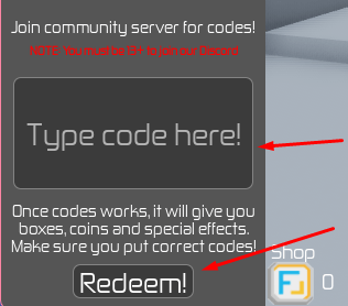 The Type code here! box and Redeem! button in Tower FL
