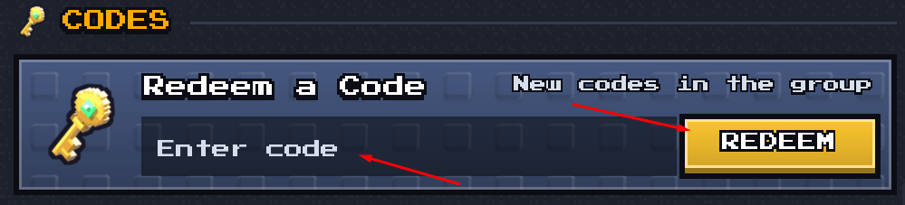Enter code box and REDEEM button to use codes in +1 Upgrade Per Kill