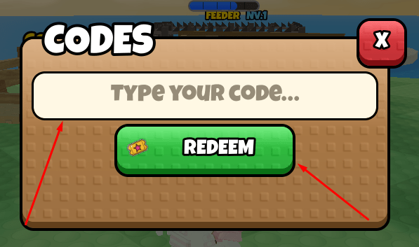 The TYPE YOUR CODE... box and REDEEM button in Grow a Chicken Fighter
