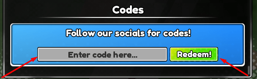 The Enter code here... box and the Redeem! button in Sword RNG X