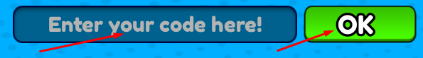Enter code here! box and OK button to redeem codes in Dumpling Squishy Race