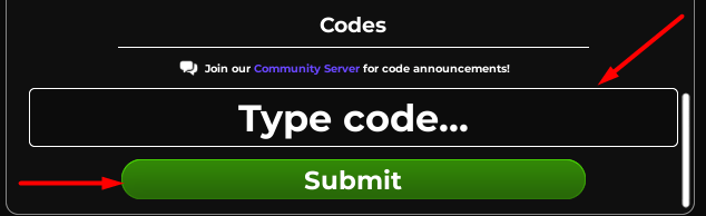 The Type code... box and Submit button in MM2 Aim Trainer 2