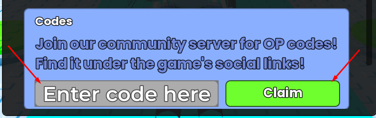 Enter code here box and claim button to redeem codes in Cut Grass for Anime Characters