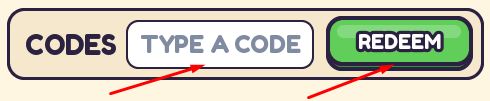 TYPE A CODE box and REDEEM button to use codes in Gears Incremental