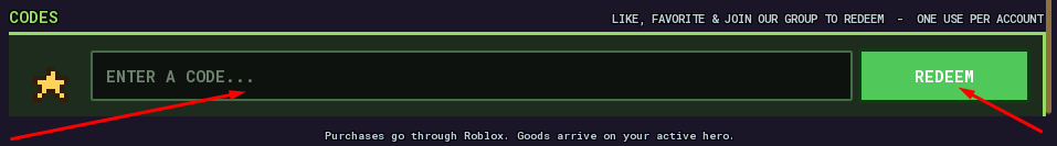 The ENTER A CODE... box and REDEEM button in Pixel Lineage