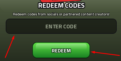 The Enter Code box and REDEEM button in Military Tycoon