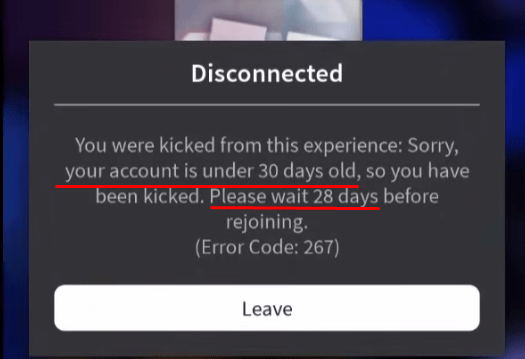 An example of an error code 267 message with the account age reason