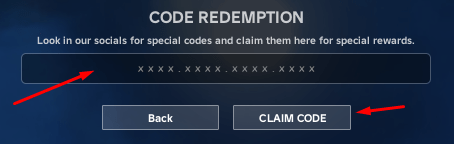 The "Code Redemption" box and Claim Code button in Exoria