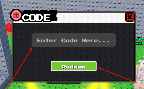 The Enter Code Here... box and Redeem button in Brainrot Tag
