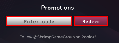 Shrimp Game enter codes box and redeem button