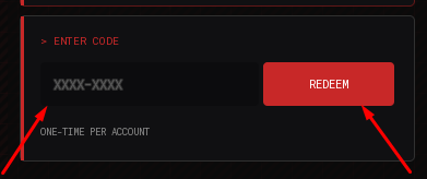 The XXXX-XXXX box and REDEEM button in REDSHOOTER