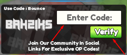 The Enter Code: box and Verify button in Lucky Block Smash Drop!
