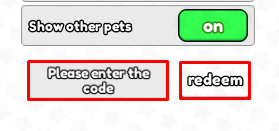 Pets League Race enter codes box and redeem button