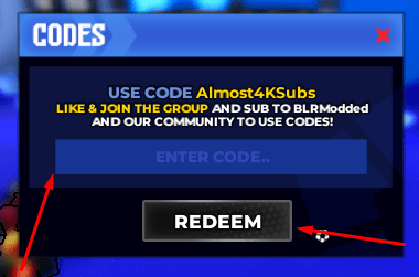 The ENTER CODE... box and REDEEM button in BL:R RECREATION