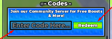 The Enter Code Here... box and Redeem button in +1 Shield Per Click