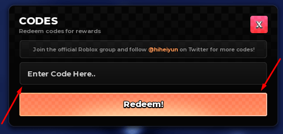 The Enter Code Here... box and Redeem! button in Anime Zero