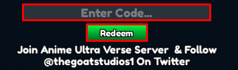 Anime Ultra Verse enter codes box and redeem button