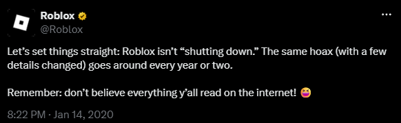 Roblox's official statement that they are not shutting down