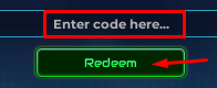 The "Enter code here" box and Redeem button in FLASHPOINT: Worlds Collide