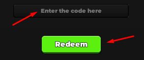 The "Enter code here" box and Redeem button in Train Arm to Punch's Shop