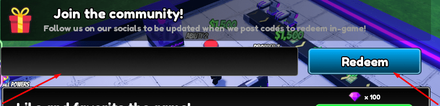 The Blank box and Redeem button in Epic Powers Tycoon
