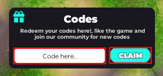 Sword Fantasy enter codes box and claim button