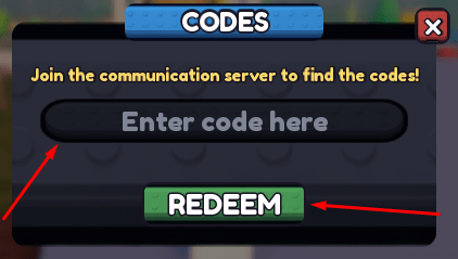 The Enter code here box and REDEEM button in Tycoon, but one dropper
