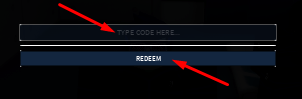 TYPE CODE HERE box and REDEEM button to redeem codes in LOCKED:2