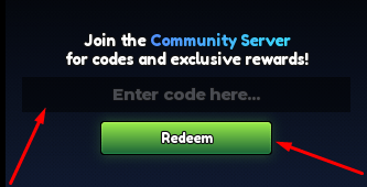 The Enter code here... box and Redeem button in Anime Levels