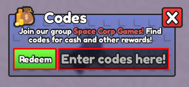 Space Throw Training enter codes box and redeem button