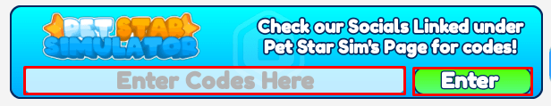 Pet Star Simulator enter codes box