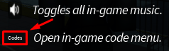 The "Codes" button in Asura's settings menu