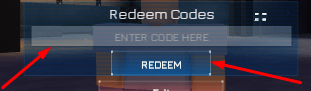 The ENTER CODE HERE box and REDEEM button in Decaying Winter