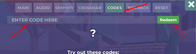 Code button, ENTER CODE HERE box, and Redeem button to claim codes in Aimblox