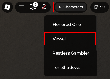 Jujutsu Shenanigans Vessel character selection example 2