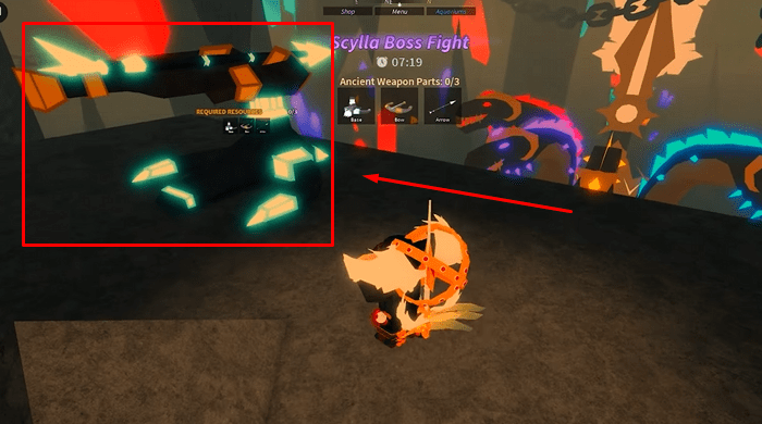 The Ancient Crossbow in front of Fisch's Scylla boss