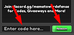 The code redeeming interface in Meme Tower Defense