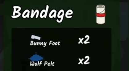 The crafting interface and requirements for the bandage in 99 Nights in the Forest
