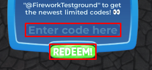 Fireworks Playground enter codes box and redeem button