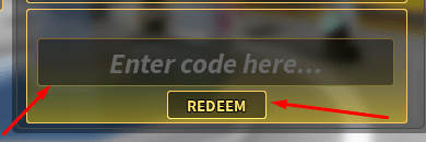 The Enter code here... box and REDEEM button in RE:Heads, Please!